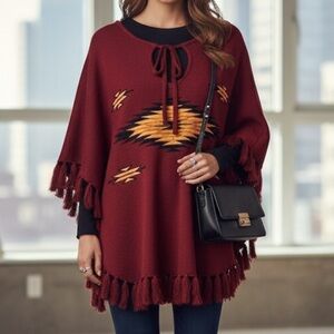TASI Malibu sweater poncho with tassel fringe and southwest/aztec embroidery M